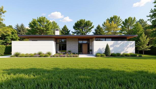 A rectangular contemporary house featuring clean lines and surrounded by green grass and mature trees. photo