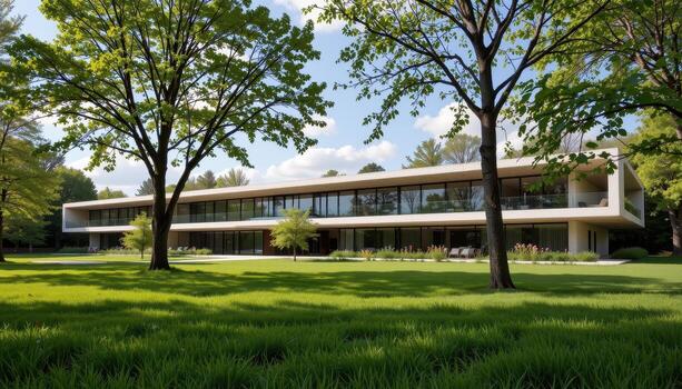 A modern architecture masterpiece with a long horizontal profile framed by trees and fresh grass. photo