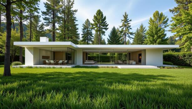 A futuristic modern home with mirrored walls reflecting the green grass and tall trees. photo