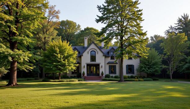 A serene architectural house surrounded by dense trees, open lawn, and soft morning light. photo