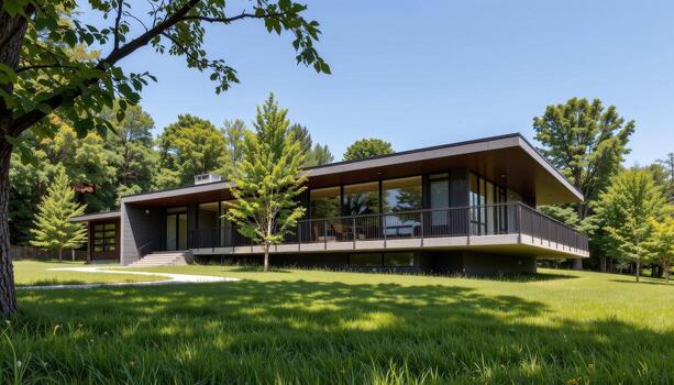A linear steel and concrete modern home surrounded by soft grass and shaded trees. photo