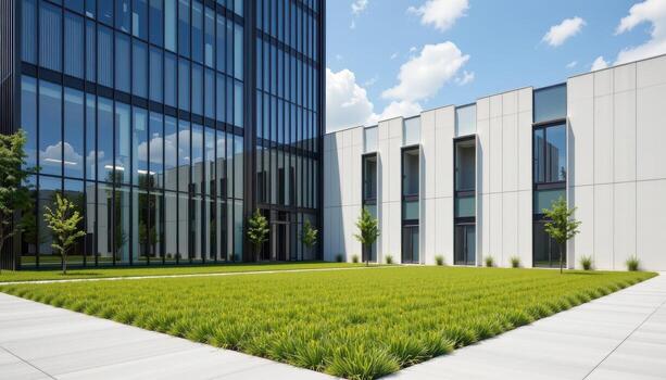 A contemporary architectural building with tall glass walls and a large open yard of grass. photo