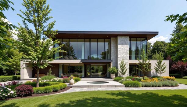 A sophisticated architectural structure combining glass and stone surrounded by greenery. photo
