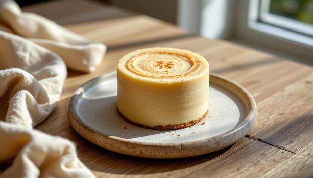 un minimalista beige mini pastel en un Roca plato con difundido luz de sol. foto