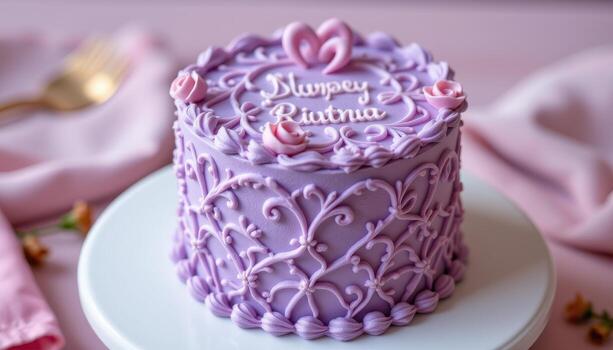 A soft pastel lilac mini cake with intricate piping and lace patterns. photo
