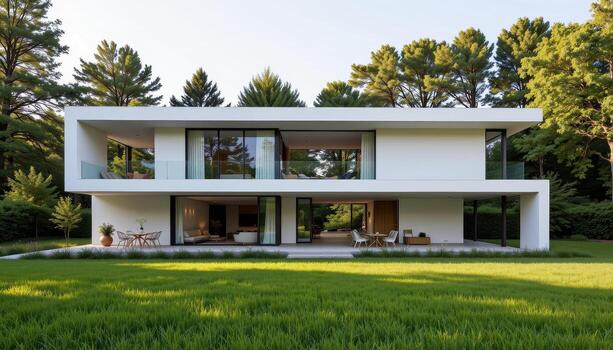 A modern architecture house with clean geometric lines, expansive glass windows, and minimalist design surrounded by lush green grass and tall trees under soft natural light. photo