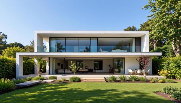 A minimalist architectural house featuring large transparent windows, open courtyard, and vibrant green surroundings. photo