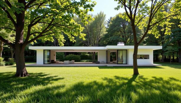 A bright open plan modern residence surrounded by dense trees and vibrant green grass under sunlight. photo