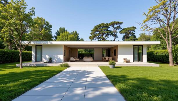 A low rise modern home with clean architectural lines, open glass walls, and a serene view of trees and fresh green grass. photo