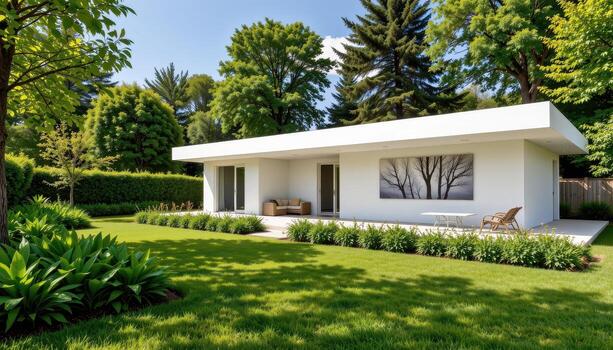 A clean white modern structure surrounded by bright green gardens and tall trees. photo