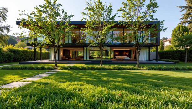 A luxury modern architecture house reflecting trees and grass through glass surfaces. photo