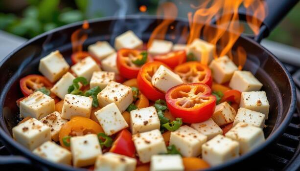Tofu cubes and bell peppers turning golden brown while sizzling on a flaming barbecue. photo