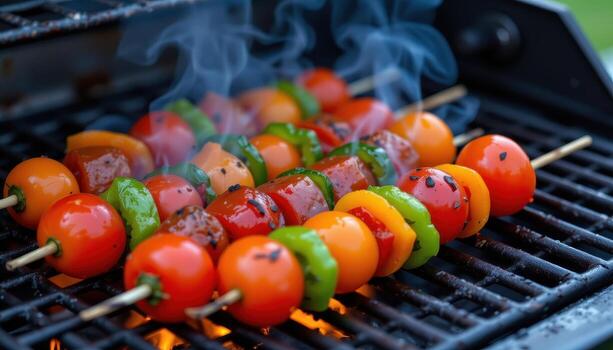 Skewers of cherry tomatoes and bell peppers caramelizing on a hot barbecue rack with smoke rising. photo