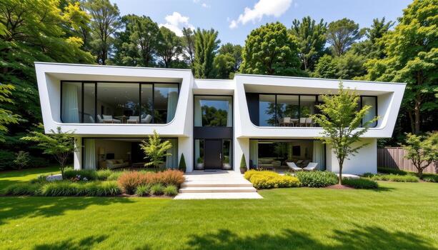 A contemporary home with sharp geometric shapes, wide transparent windows, and vibrant greenery all around. photo