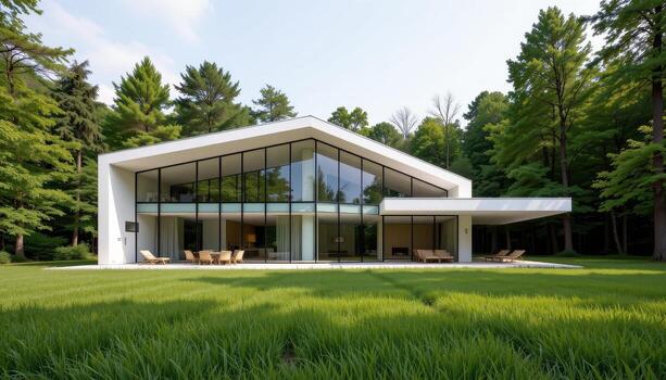 A geometric glass house with minimalistic design surrounded by thick green grass and forest trees. photo
