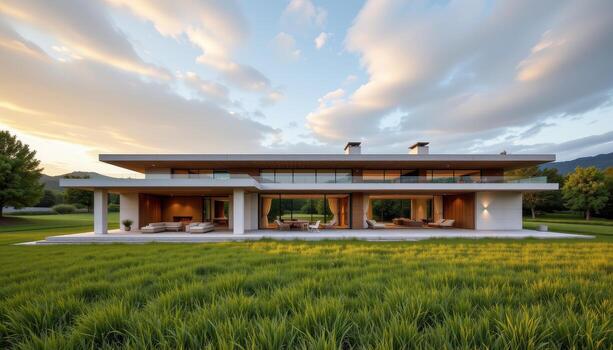 A spacious modern residence with open concept architecture blending seamlessly into a grassy landscape. photo