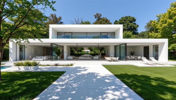 A bright white modern villa with massive glass walls reflecting green grass and leafy trees in a tranquil setting. photo