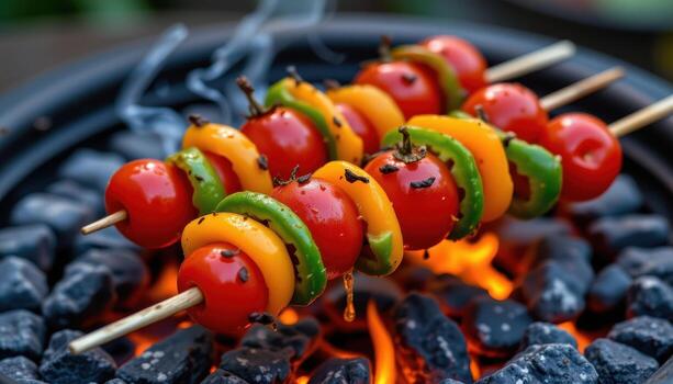 Skewers of cherry tomatoes and bell peppers caramelizing evenly over glowing embers. photo