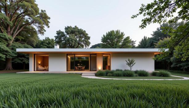 A low profile minimalist modern home nestled within a peaceful garden of grass and trees. photo