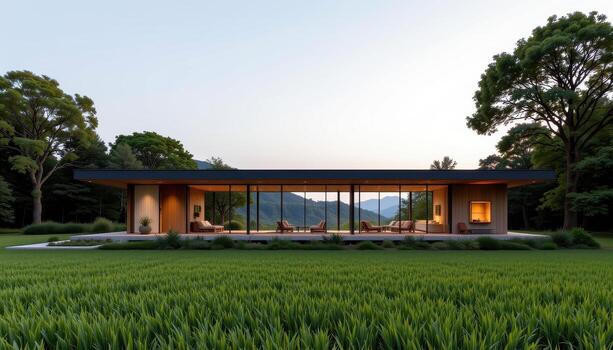 A linear modern villa with long horizontal glass panels facing a serene field of green. photo