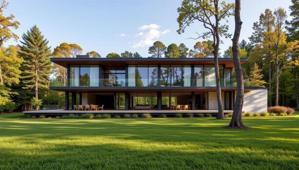 A luxury glass walled modern home reflecting the forest trees and open grassland. photo