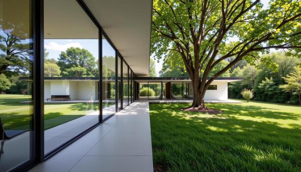 A minimalist home with expansive windows overlooking lush grass and a canopy of trees. photo