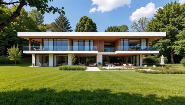 A luxurious flat roof modern house with open windows and natural surroundings of grass and trees. photo