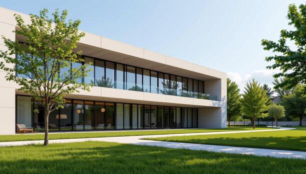A modern box like architecture with reflective windows and open space of grass and trees. photo