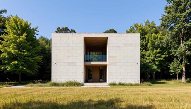 A rectangular modern structure built with concrete and steel amid a soft grassy terrain. photo