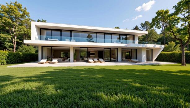 A sleek two story modern villa with large windows and open green grass stretching into the trees. photo
