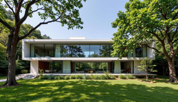 A modern rectangular house with panoramic glass walls overlooking lush greenery and shaded trees. photo