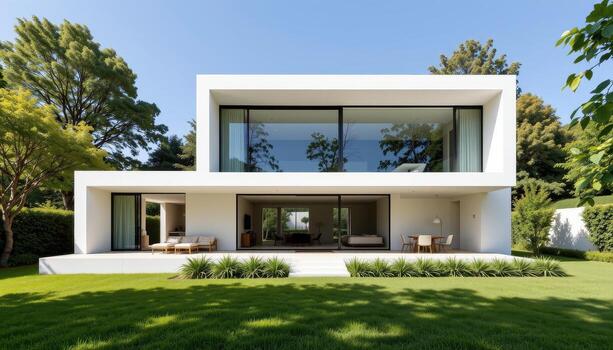 A bright minimalist home built with white walls and large glass windows surrounded by nature. photo