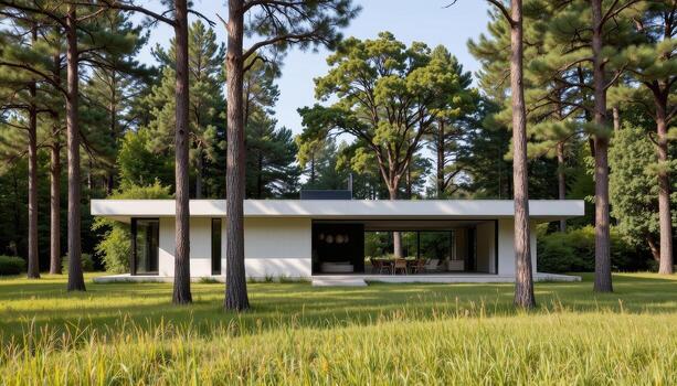 A minimalist architectural home with smooth concrete texture set among tall trees and grass. photo