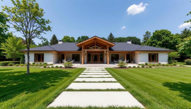 A luxury contemporary home designed with symmetry and surrounded by a carpet of green grass and trees. photo