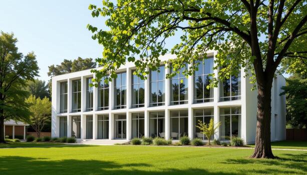 A bright architectural structure featuring massive windows amidst grass and leafy trees. photo