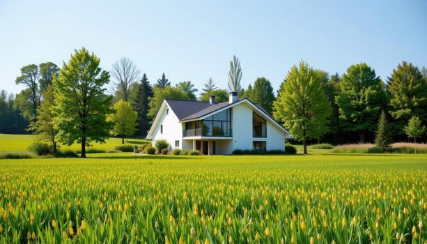 A light filled modern house surrounded by bright green fields and tall trees. photo