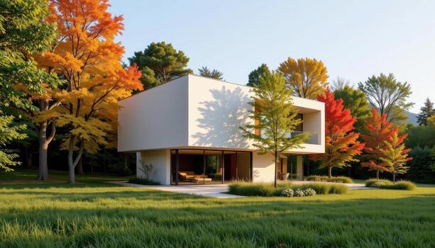 A cube shaped home with minimal design surrounded by vibrant trees and thick grass. photo