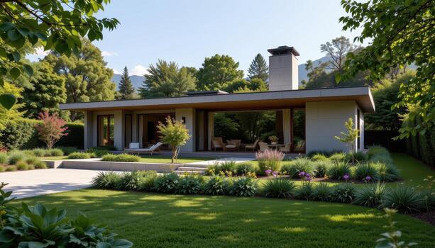 A rectangular modern home built with simple lines surrounded by lush green gardens. photo