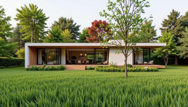 A sustainable modern home design integrated into the natural environment of grass and trees. photo