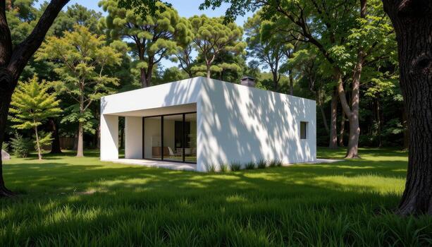 A cube shaped minimalist home surrounded by deep green grass and tall shaded trees. photo