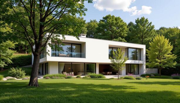 A modern architecture building with clean symmetry surrounded by lush green nature. photo