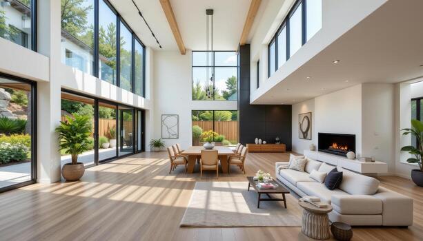 A spacious modern home featuring clean architecture and large windows amidst natural light. photo