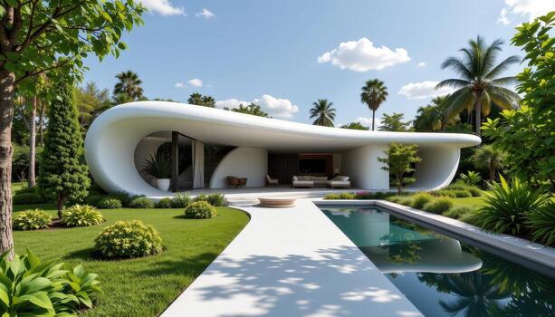 A futuristic architecture home surrounded by greenery and sleek reflective surfaces. photo