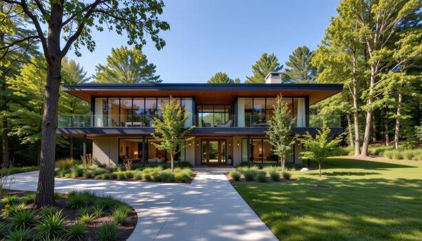 A two level modern house with expansive glass walls surrounded by trees and greenery. photo