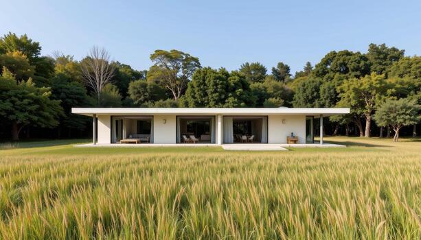 A minimalist architecture home built with neutral tones surrounded by open grassland. photo