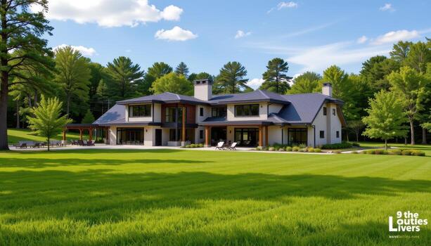 A spacious modern residence surrounded by wide fields of green grass and tall trees. photo