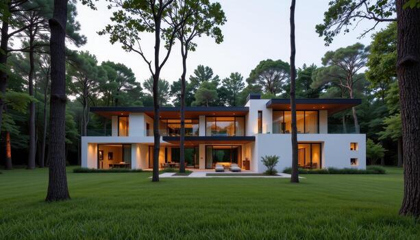 A contemporary villa designed with elegant simplicity surrounded by tall trees and grass. photo