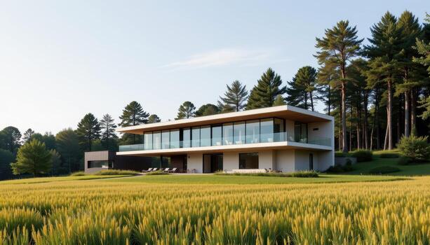 A large modern home with glass exteriors surrounded by grass fields and tall trees. photo
