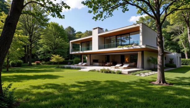 A modern villa built among trees with an open view of lush green grass. photo