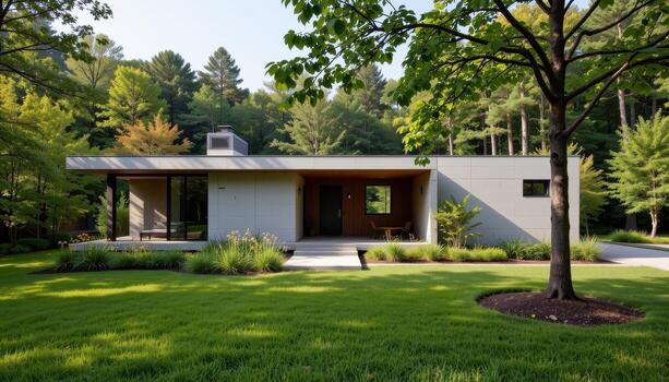 A concrete modern home surrounded by trimmed grass and shaded forest trees. photo
